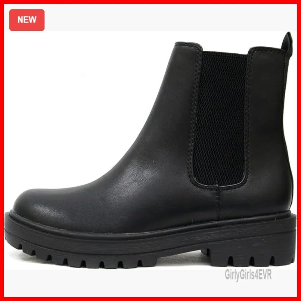 Lug Sole Chelsea Ankle Booties with Elastic Gore, Round Toe Block Heel